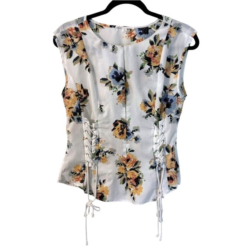 Floral Lace Up Corset Side Sleeveless Top White Yellow Blue M Coquette Cottage